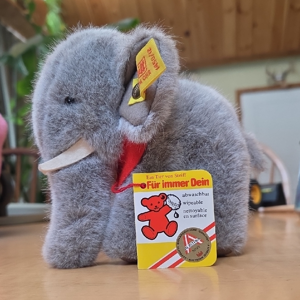 Steiff Gray Plush Elephant with Red Accents